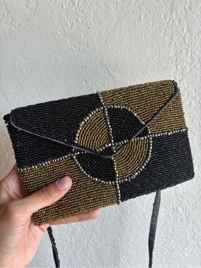 Beaded Black and Gold Crossbody Clutch